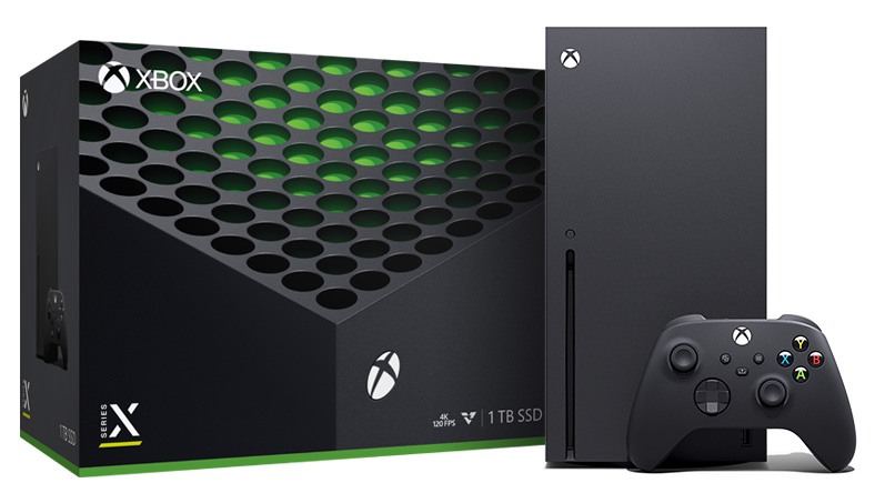 Console e scatola Xbox Series X.