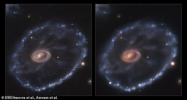 Gli astronomi hanno catturato il momento in cui una stella, a 500 milioni di anni luce dalla Terra, è esplosa in una drammatica supernova, che ha segnato la fine della sua vita.  L'immagine a sinistra è del 2014 prima dell'esplosione e quella di destra è del 2021, con l'esplosione in basso a destra