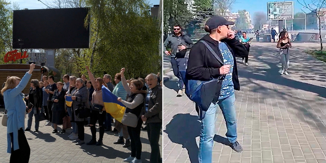 Le persone sono state viste fuggire dalla manifestazione a Kherson mercoledì 27 aprile.