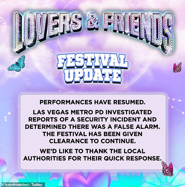 Dopo lo spettacolo, gli organizzatori del Lovers and Friends Festival hanno twittato che lo spettacolo è stato autorizzato a continuare dopo che il dipartimento di polizia metropolitana ha deciso 