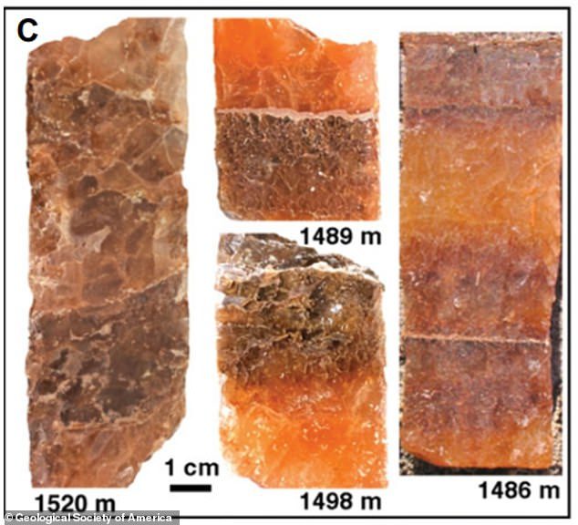 Immagini di lastre di alite imbottite della Formazione Brown di 830 milioni di anni fa, dove è stato trovato il cristallo contenente microrganismi