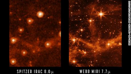 Confronta la nitidezza e il livello di dettaglio catturati dal telescopio spaziale Spitzer (a sinistra) e dal telescopio spaziale James Webb (a destra).