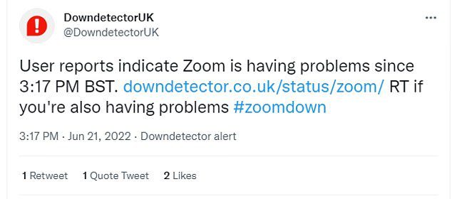 Downdetector UK ha twittato la notizia che Zoom stava avendo problemi tramite il suo account Twitter ufficiale