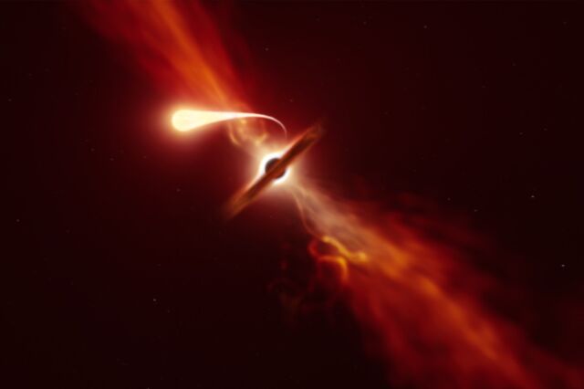 L'impressione artistica di una stella gradualmente interrotta dalla forte attrazione gravitazionale di un buco nero supermassiccio.