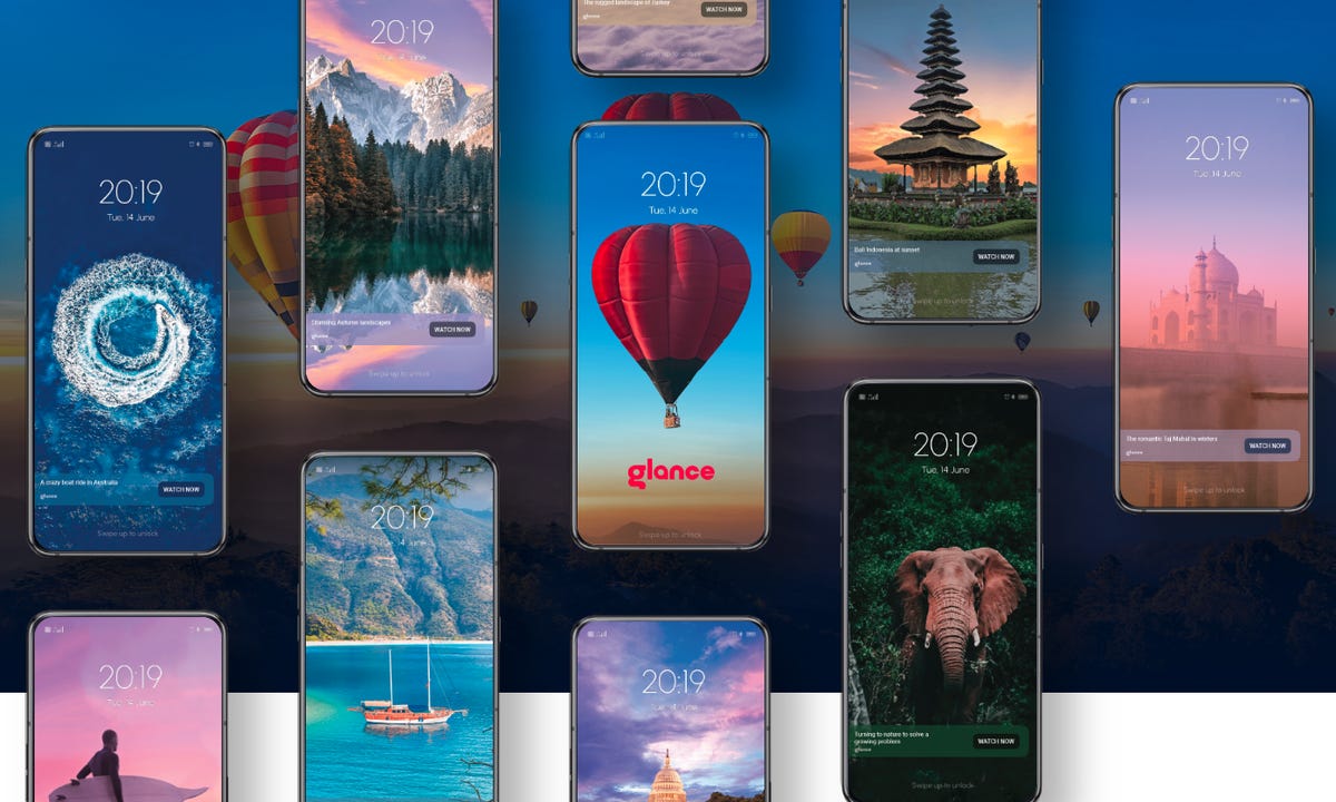 Screenshot del sito Web di Glance che mostra le schermate di blocco su diversi telefoni