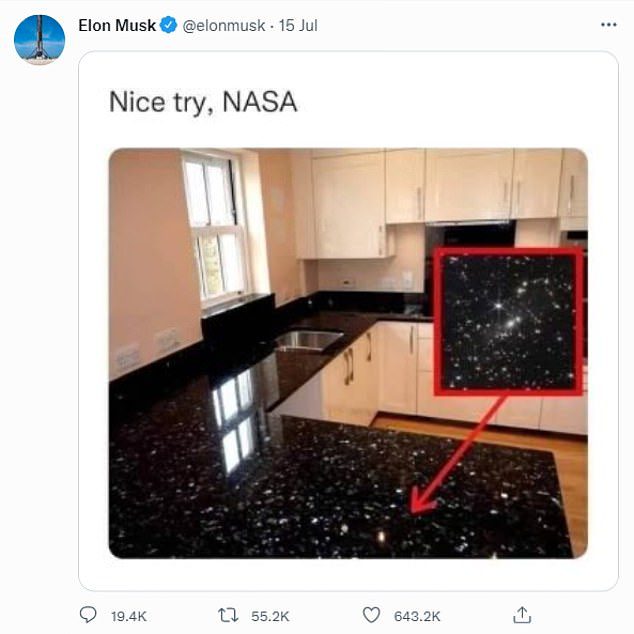 Elon Musk ha pubblicato questo meme il mese scorso prendendo in giro le foto di astronomia di JWST