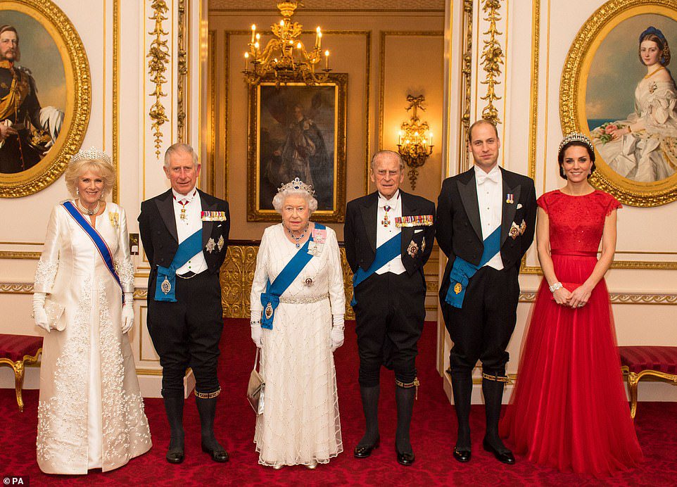 (da sinistra a destra) La duchessa di Cornovaglia, principe di Galles, la regina Elisabetta II, duca di Edimburgo e il duca e la duchessa di Cambridge a Buckingham Palace l'8 dicembre 2016