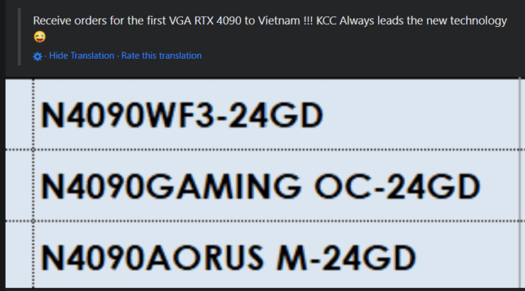 I modelli personalizzati GeForce RTX 4090 di Gigabyte sono elencati dal rivenditore vietnamita.  (Crediti immagine: I_Leak_VN)