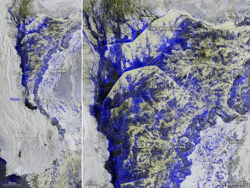 I dati acquisiti dal satellite Copernicus dell'Agenzia spaziale europea il 30 agosto sono stati utilizzati per mappare l'entità delle inondazioni che stanno attualmente devastando il Pakistan.
