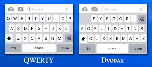 Layout di tastiera QWERTY e Dvorak affiancati su iPhone.