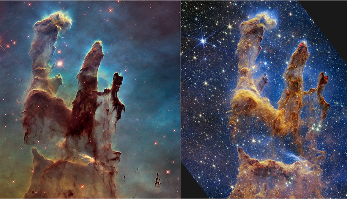 I pilastri iconici della creazione.  Vista del telescopio spaziale Hubble a sinistra, nuova immagine del telescopio spaziale James Webb a destra.