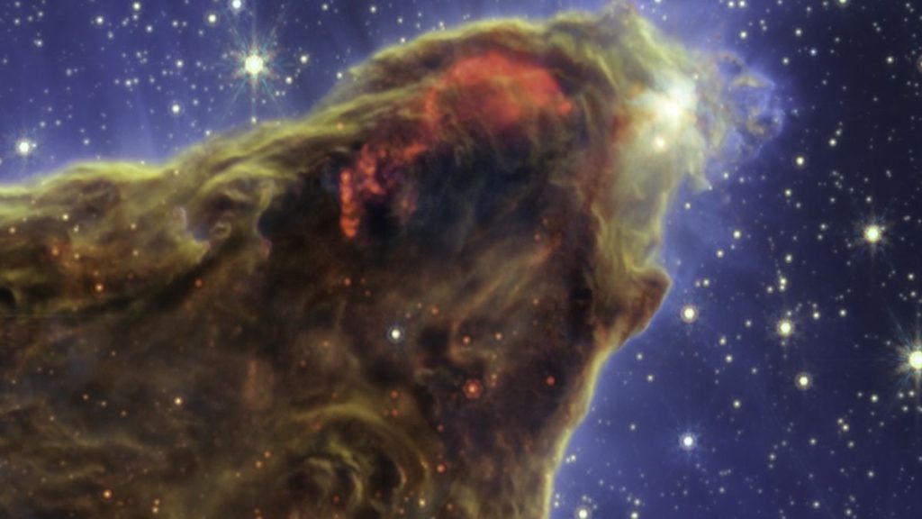 A detail of the photograph of the Pillars of Creation by the James Webb Space Telescope reveals stars forming inside the magnificent clouds.