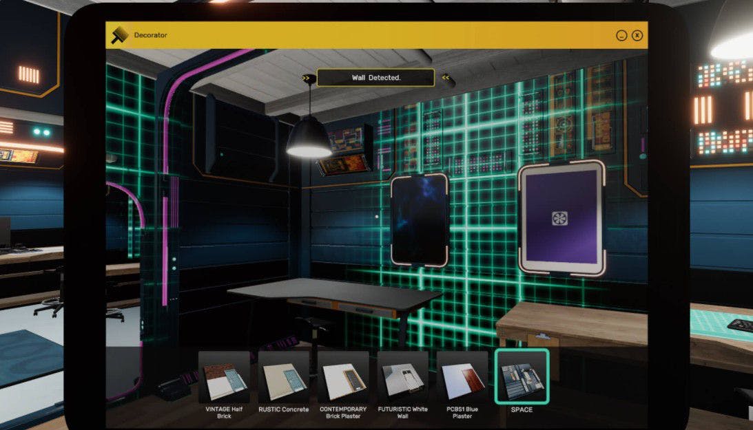 Screenshot di PC Building Simulator 2 che mostra le opzioni di personalizzazione dell'officina