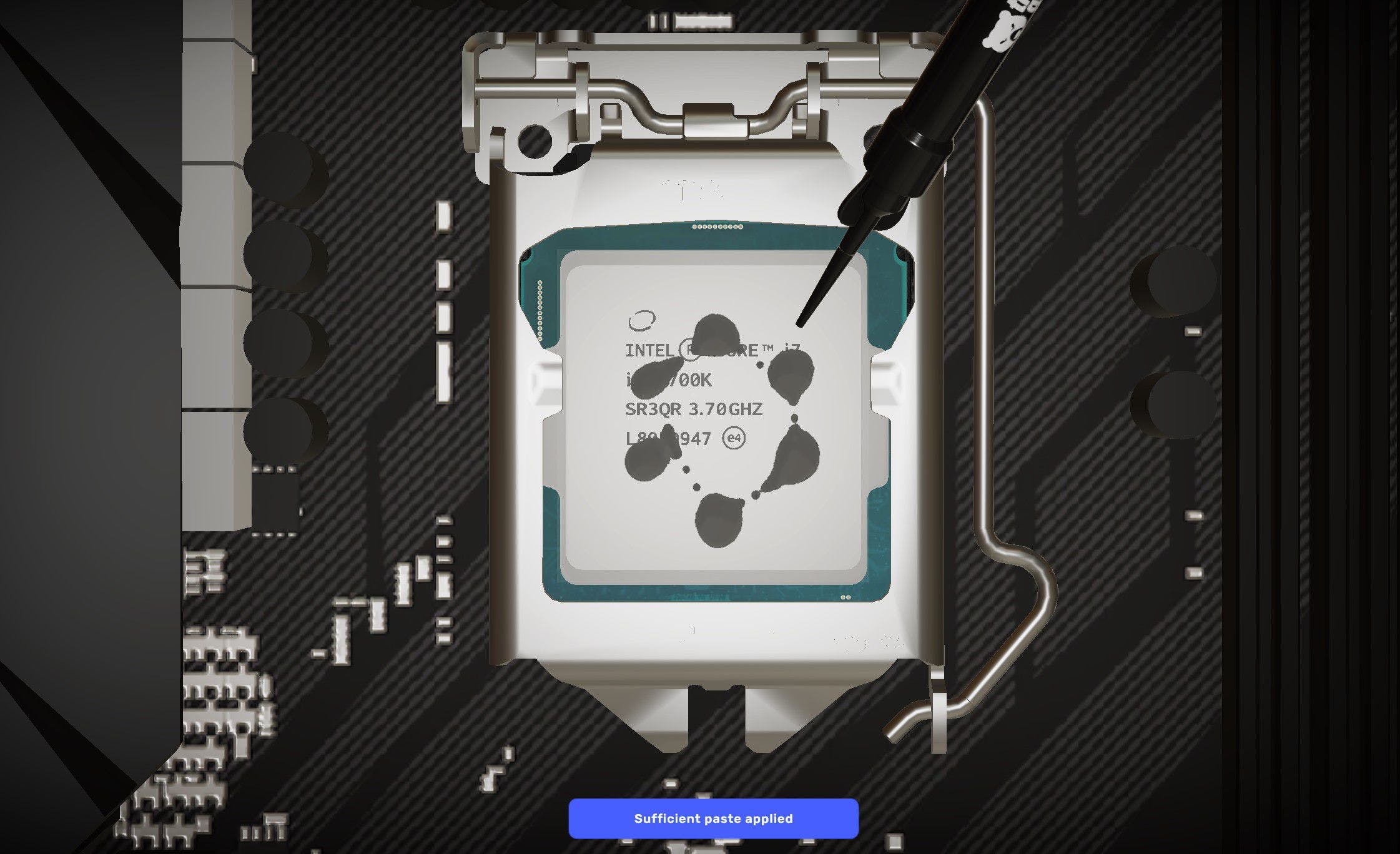 Screenshot di PC Building Simulator 2 che mostra la pasta termica in azione