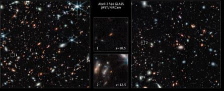 Due campi stellari con riquadri di posizionamento che mostrano le galassie, con immagini ingrandite trascinabili delle galassie stesse al centro