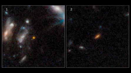 Immagini affiancate di galassie lontane, che appaiono come ellittiche sfocate rossastre contro l'oscurità dello spazio