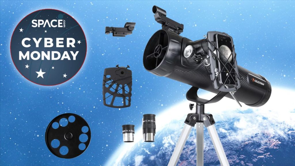Celestron 114az-sr telescope with accessories and earth as a backdrop next to cyber monday deal logo
