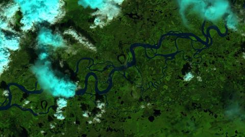 I dati dello SWOT integreranno il sistema sviluppato dall'USGS per misurare l'innalzamento e il flusso dei fiumi dell'Alaska precedentemente non monitorati.  Il satellite Landsat ha catturato questa immagine del fiume Yukon vicino al villaggio di Stevens, in Alaska.