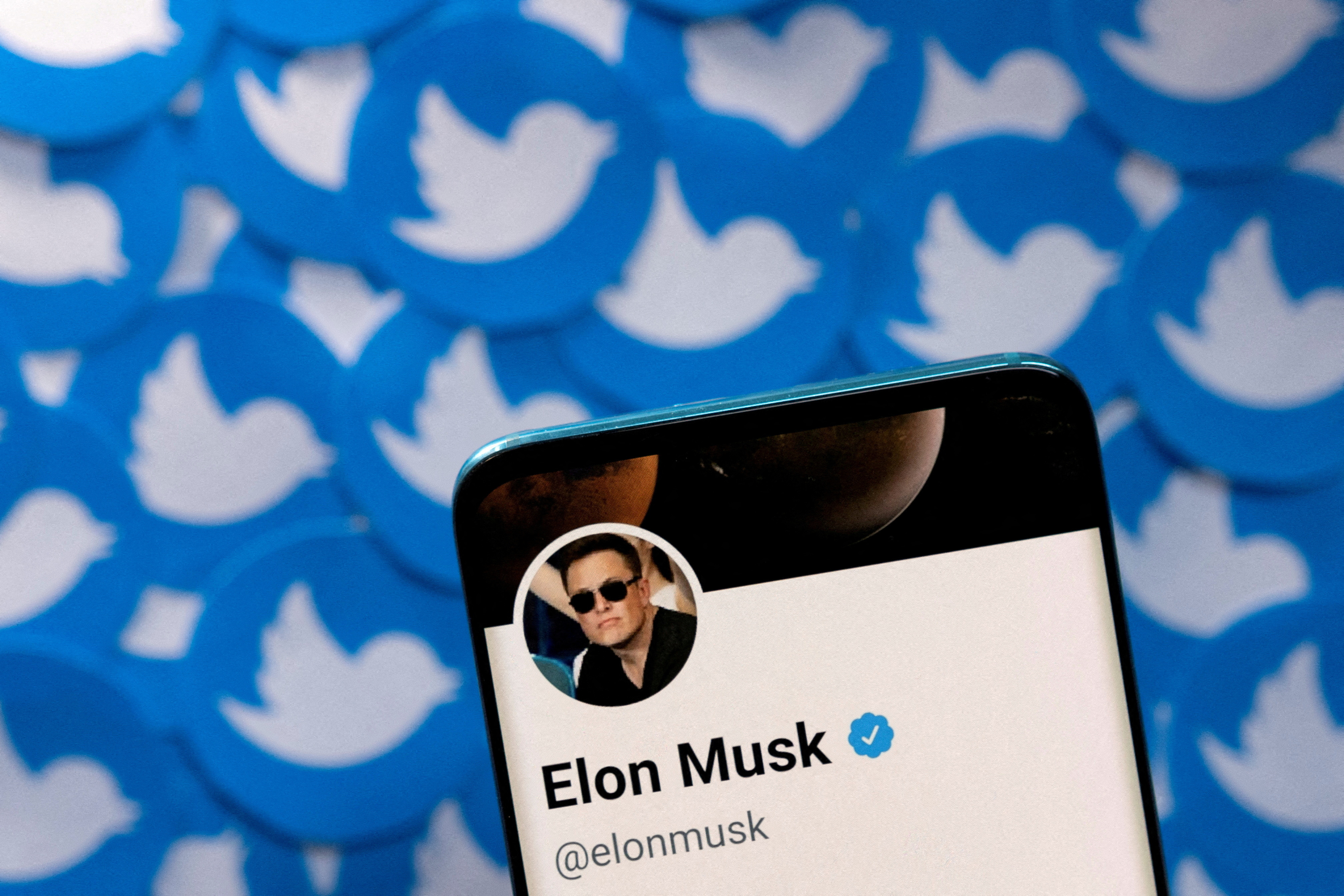 L'illustrazione mostra il profilo Twitter di Elon Musk su uno smartphone e i loghi di Twitter stampati