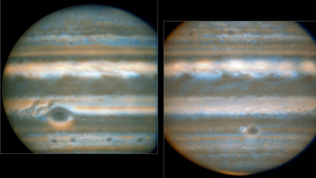 Infrared images of Jupiter taken in 2016 show cooler areas in blue and warmer areas in orange.